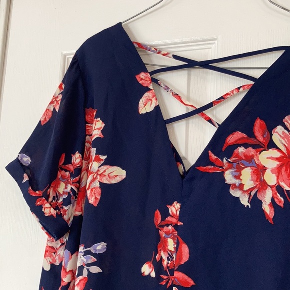 Sandy & sid floral navy pink short sleeve open stringy back blouse top shirt - Picture 7 of 17